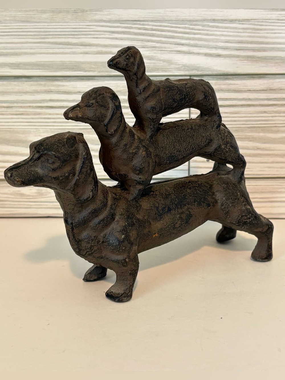 Rustic Cast Iron Triple Stacked Dachshund Weenie Dog Figurine Bookend Doorstop